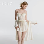 Romantic Cream Tulle Camisole Nightdress with Floral Lace Appliqué
