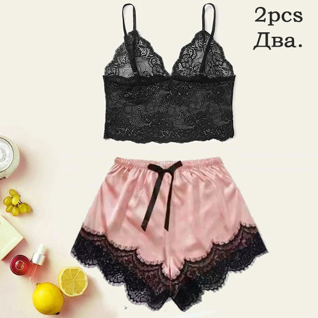 5-Piece Pink Satin-Style Sleepwear Collection with Striking Black Scalloped Lace Trim