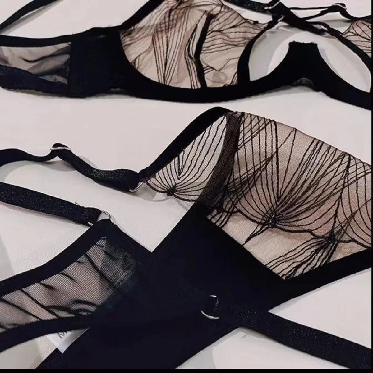 Dramatic Black Sheer Mesh and Contrast Lace Underwire Intimates Set