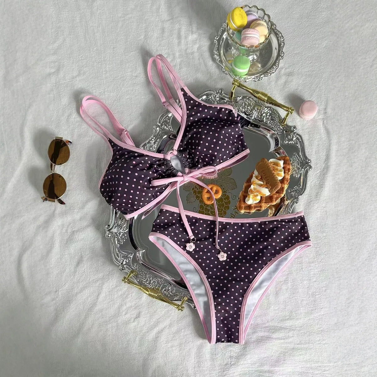 Y2K-Inspired Polka Dot High-Waisted Bikini with Pink Contrast Binding and Front Tie