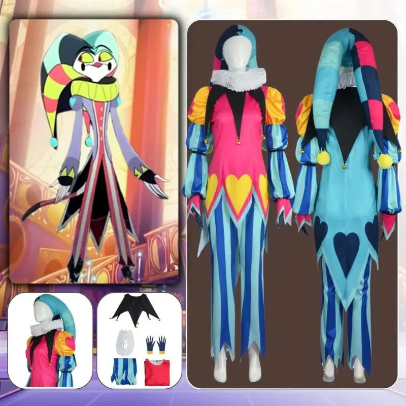 Vibrant Color-Blocked Jester Ensemble with Ruffled Collar and Patterned Trousers