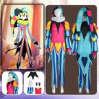 Vibrant Color-Blocked Jester Ensemble with Ruffled Collar and Patterned Trousers