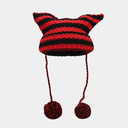 Striped Cat Ear Knit Beanie with Cotton Acrylic Blend for Playful Streetwear Fashion Style