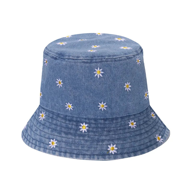 Women's Embroidered Cotton Blend Bucket Hat with Floral Detail for Casual Outdoor Everyday Wear