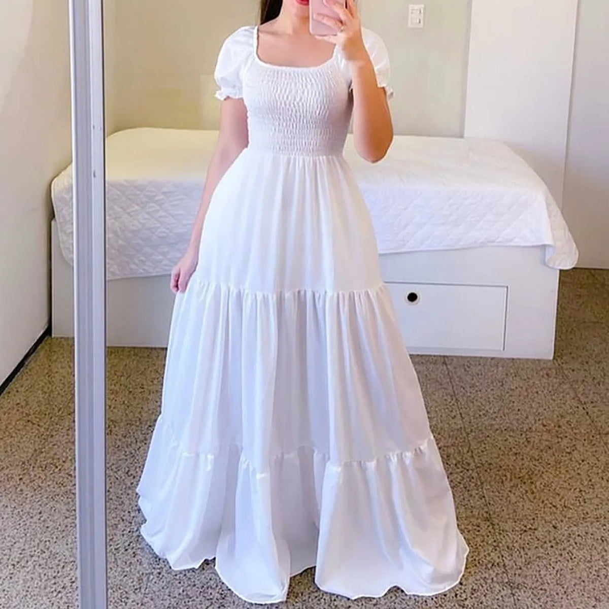 Tiered A-Line Maxi Dress with Smocked Bodice and Puff Sleeves