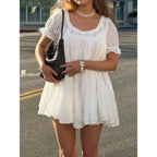 Puff Sleeve Babydoll Mini Dress with Lace Trim Relaxed Y2K Inspired Style