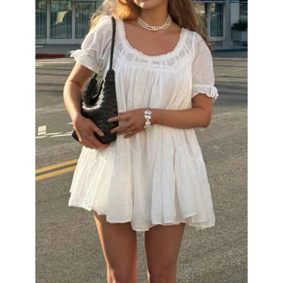 Puff Sleeve Babydoll Mini Dress with Lace Trim Relaxed Y2K Inspired Style