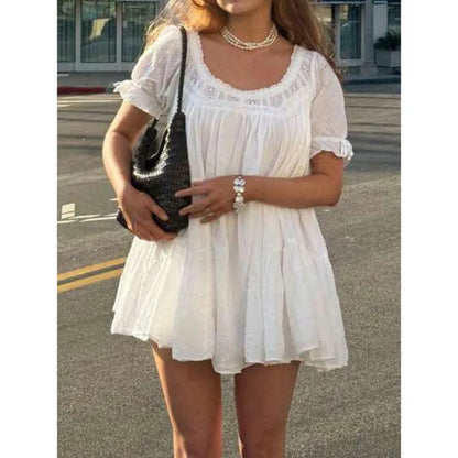 Puff Sleeve Babydoll Mini Dress with Lace Trim Relaxed Y2K Inspired Style