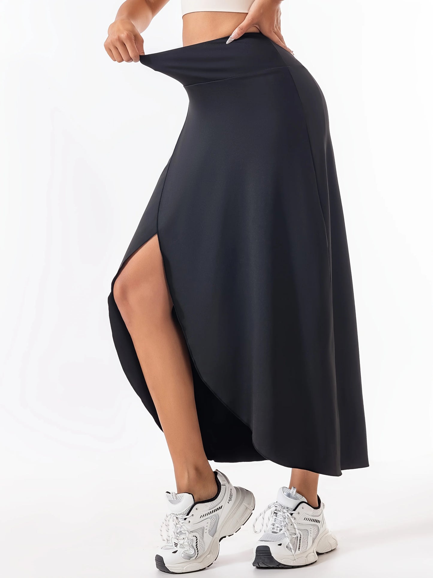High Waist A-Line Midi Skirt with Front Slit Flowing Contemporary Casual Style
