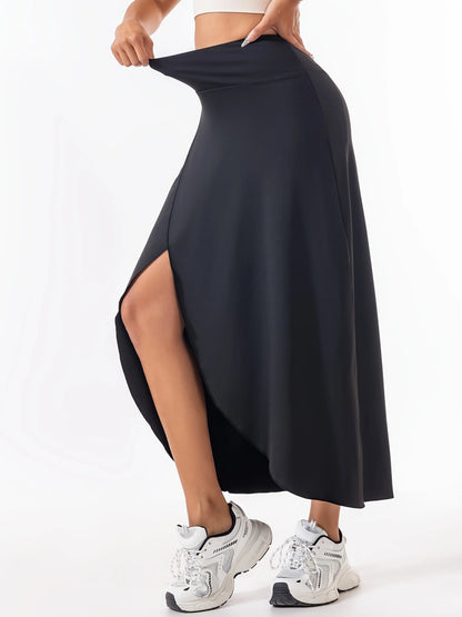 High Waist A-Line Midi Skirt with Front Slit Flowing Contemporary Casual Style