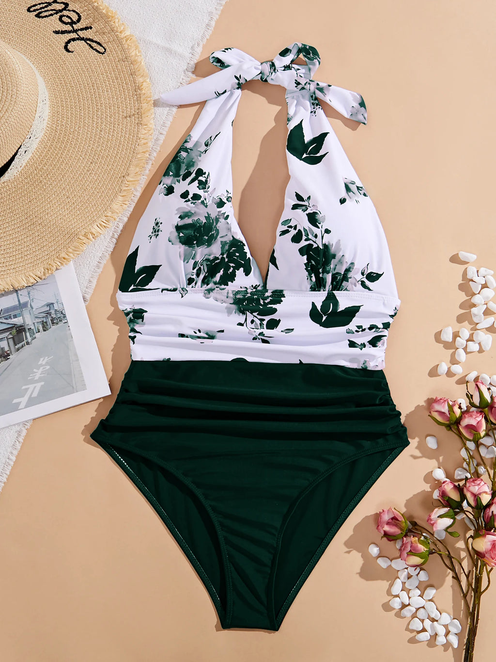Floral Halter Plunge One-Piece Swimsuit with Ruched High-Waist Detail