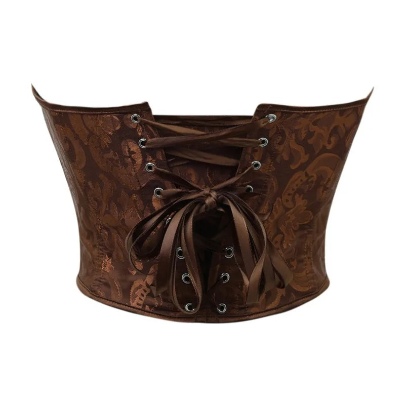 Regal Brown Floral Brocade Strapless Corset with Plunging Sweetheart Neckline