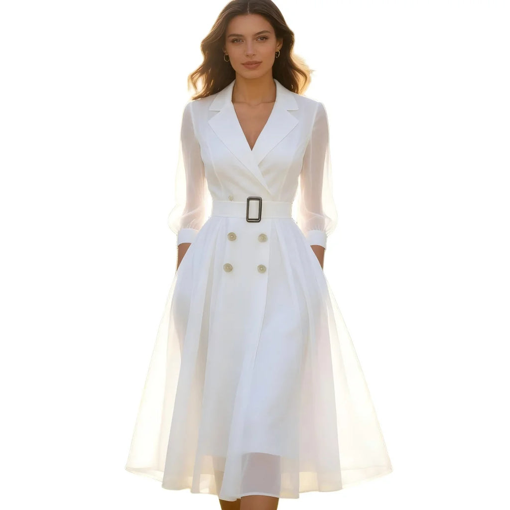Sophisticated Double-Breasted White Midi Dress with Sheer Sleeves and Buckle Belt