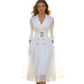 Sophisticated Double-Breasted White Midi Dress with Sheer Sleeves and Buckle Belt