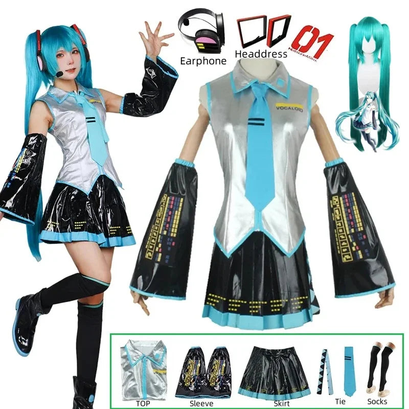 Metallic Silver and Black Futuristic Idol Uniform with Pleated Skirt and Blue Tie