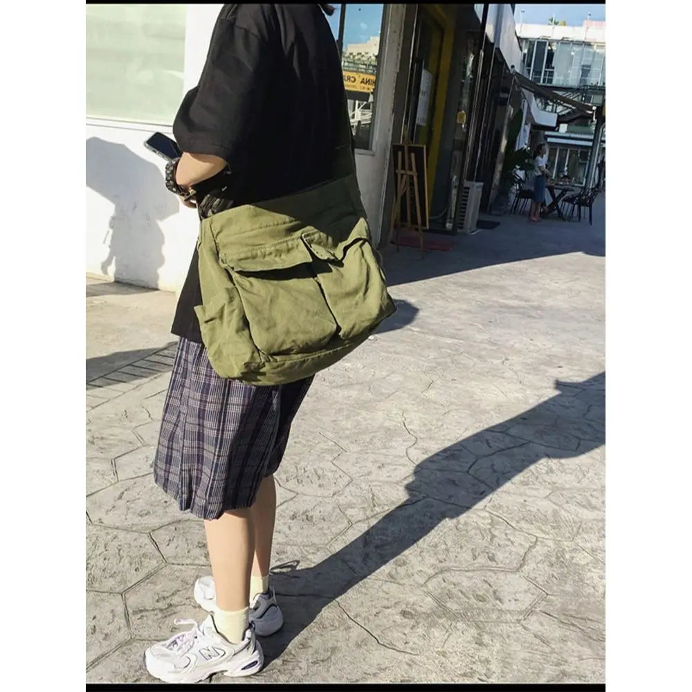 Utility Canvas Messenger Tote Bag with Oversized Crossbody Carry Design