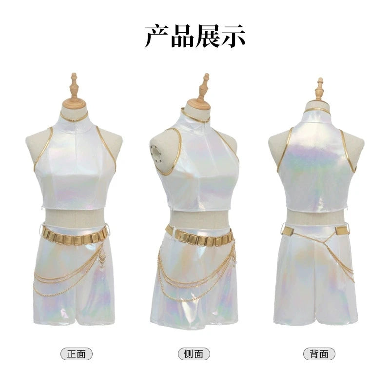 Iridescent Metallic Crop Top and Mini Skirt Set with Gold Fringe Detailing