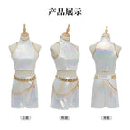 Iridescent Metallic Crop Top and Mini Skirt Set with Gold Fringe Detailing