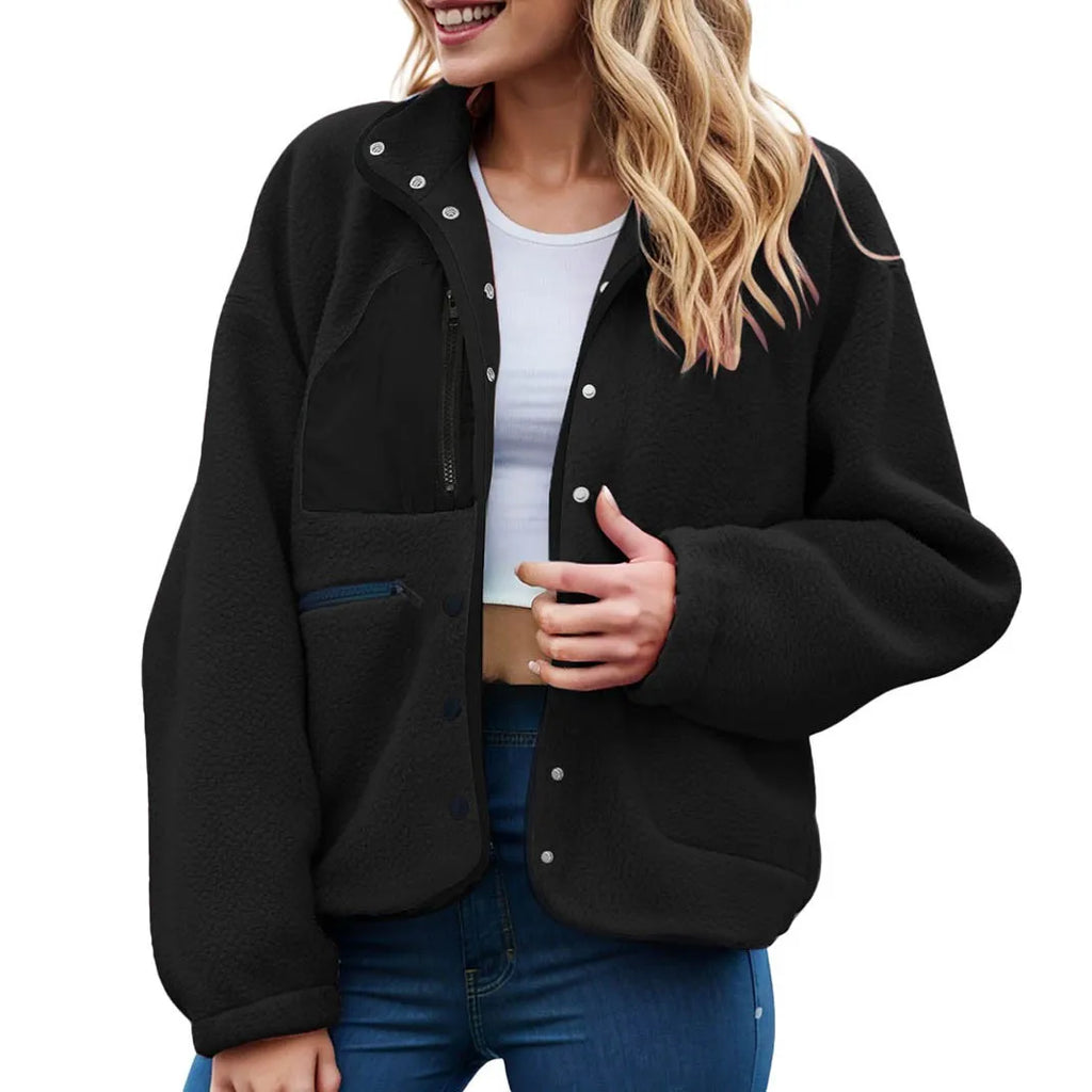 Women's Cropped Teddy Fleece Button Front Jacket Cozy Casual Everyday Layering Outerwear