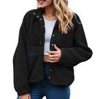 Women's Cropped Teddy Fleece Button Front Jacket Cozy Casual Everyday Layering Outerwear