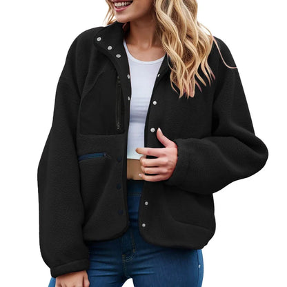 Women's Cropped Teddy Fleece Button Front Jacket Cozy Casual Everyday Layering Outerwear