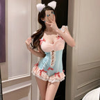 Pastel Ruffle-Trim Bodysuit with Contrast Ribbon Lace-Up Detailing