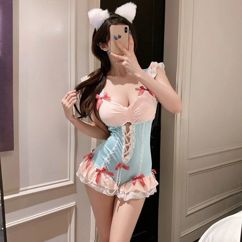 Pastel Ruffle-Trim Bodysuit with Contrast Ribbon Lace-Up Detailing