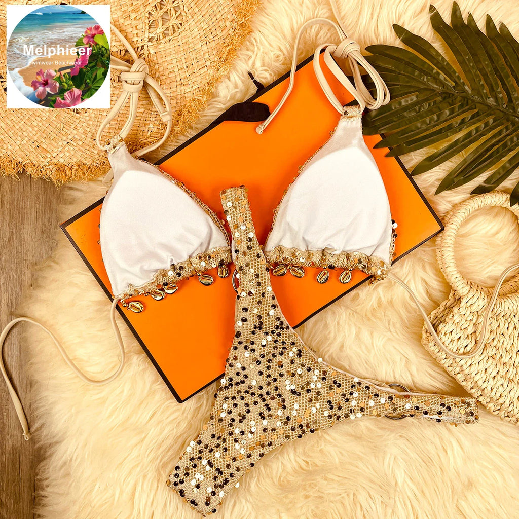 Shimmering Champagne Triangle Bikini with Strappy Side-Tie Bottoms