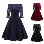 Elegant Burgundy Off-the-Shoulder Dress with Floral Lace Sleeves and Flared Skirt