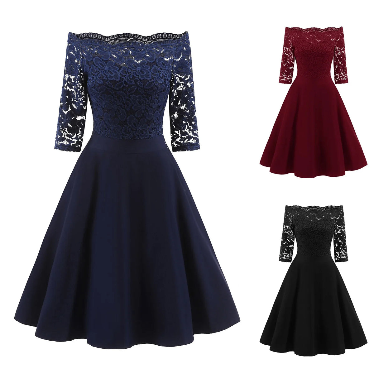 Elegant Burgundy Off-the-Shoulder Dress with Floral Lace Sleeves and Flared Skirt
