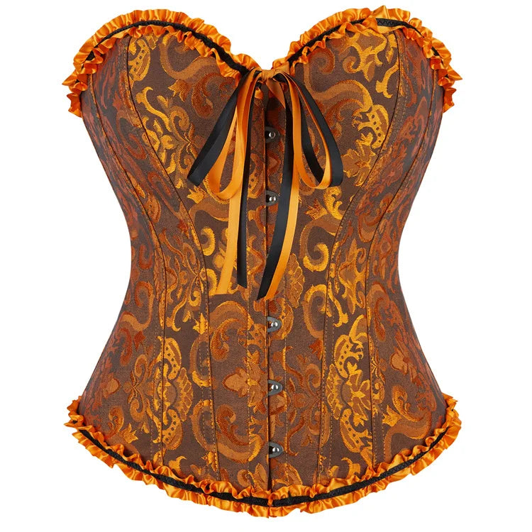 Floral Jacquard Overbust Corset with Sweetheart Neckline and Busk Closure