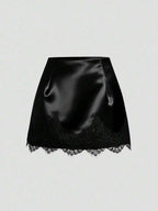 Satin Lace Trim Mini Skirt with Sleek Fitted Contemporary Silhouette