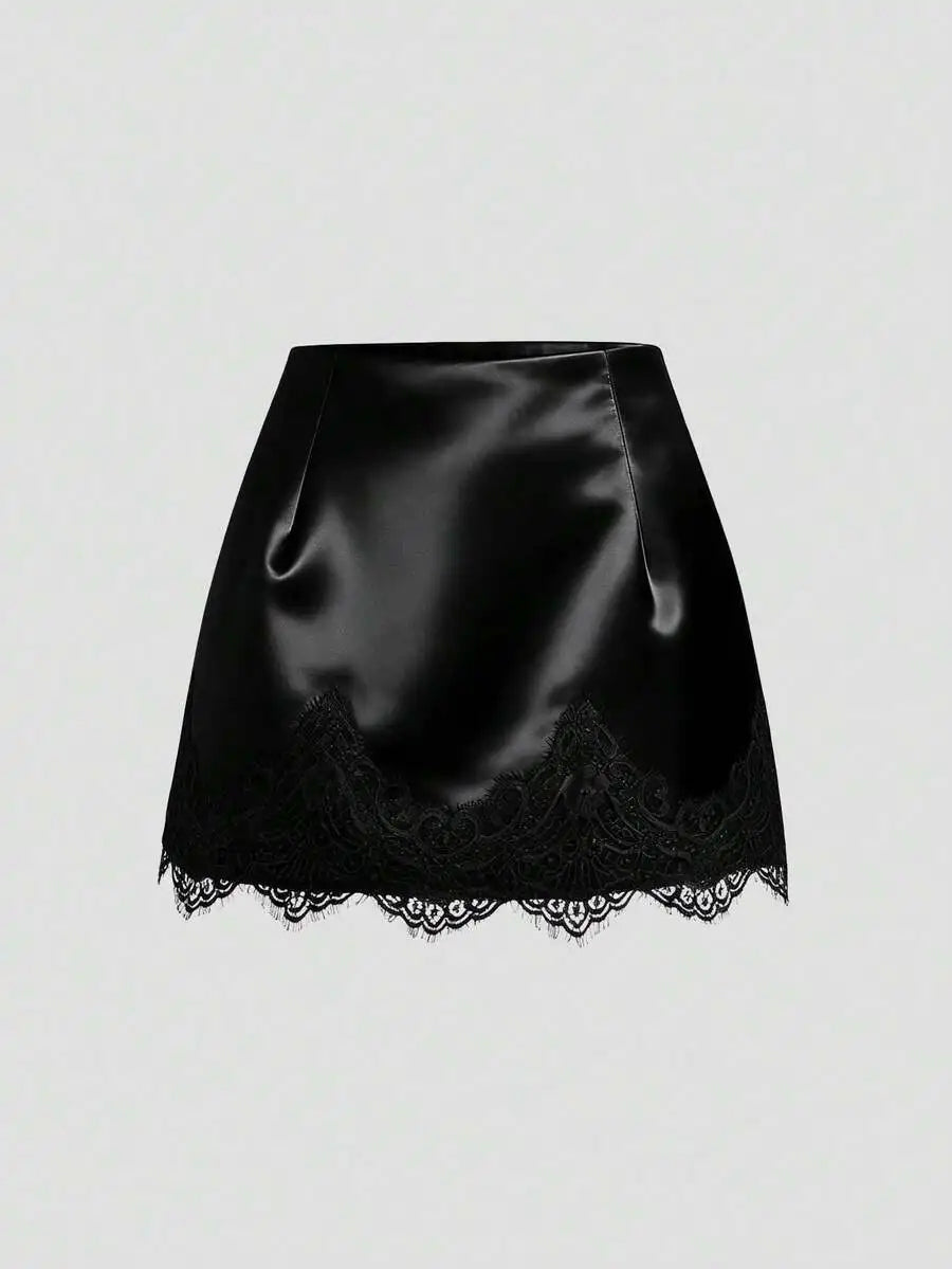 Satin Lace Trim Mini Skirt with Sleek Fitted Contemporary Silhouette