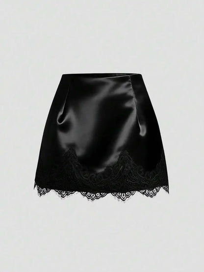 Satin Lace Trim Mini Skirt with Sleek Fitted Contemporary Silhouette