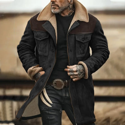 Men's Vintage Faux Suede Utility Jacket with Sherpa Collar and Multi Pocket Design