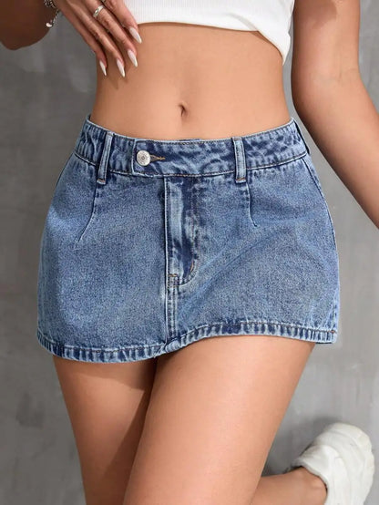 High Waist A-Line Denim Mini Skirt with Distressed Hem Detail