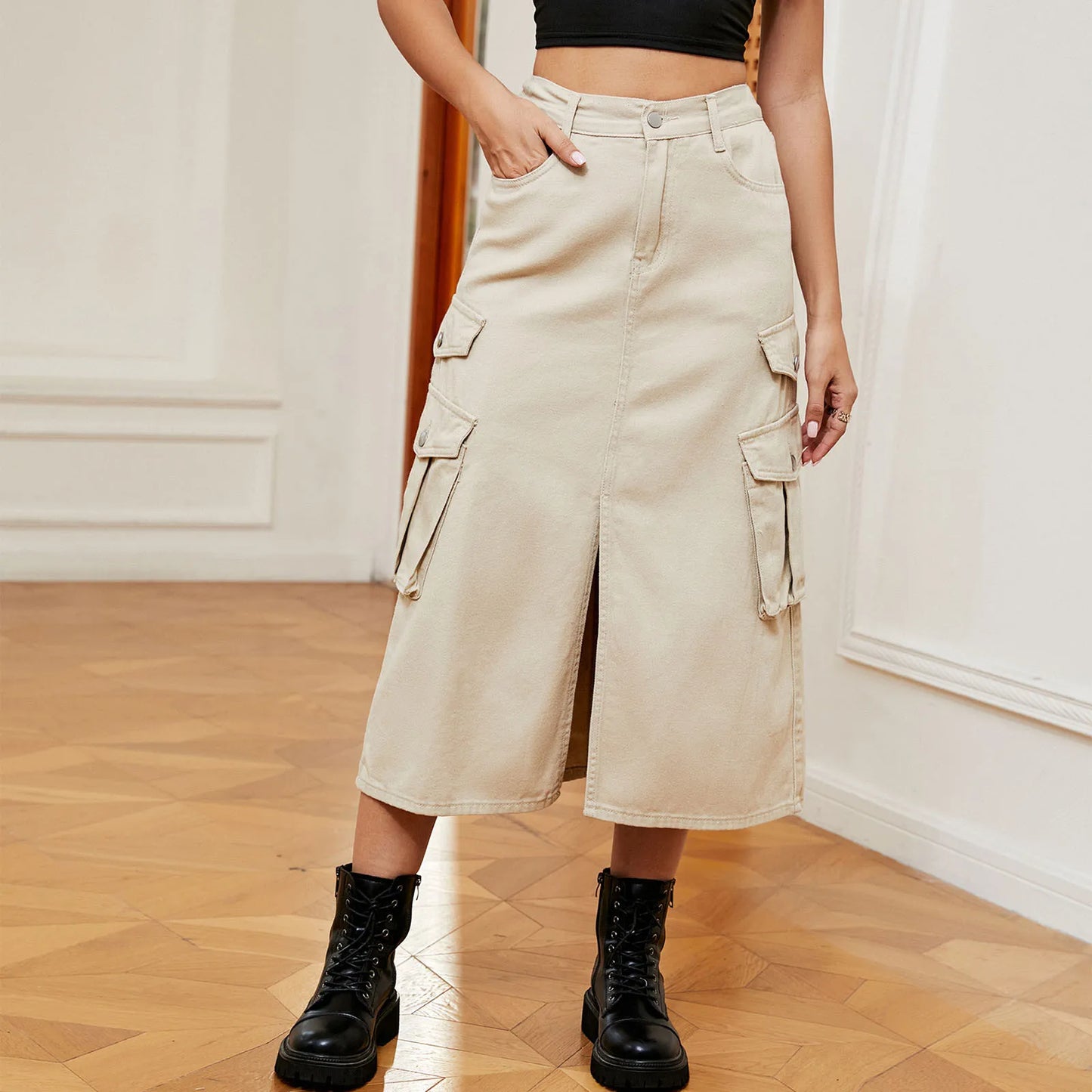 High Waist Cargo Midi Skirt with Utility Pockets Front Slit Streetwear Fashion