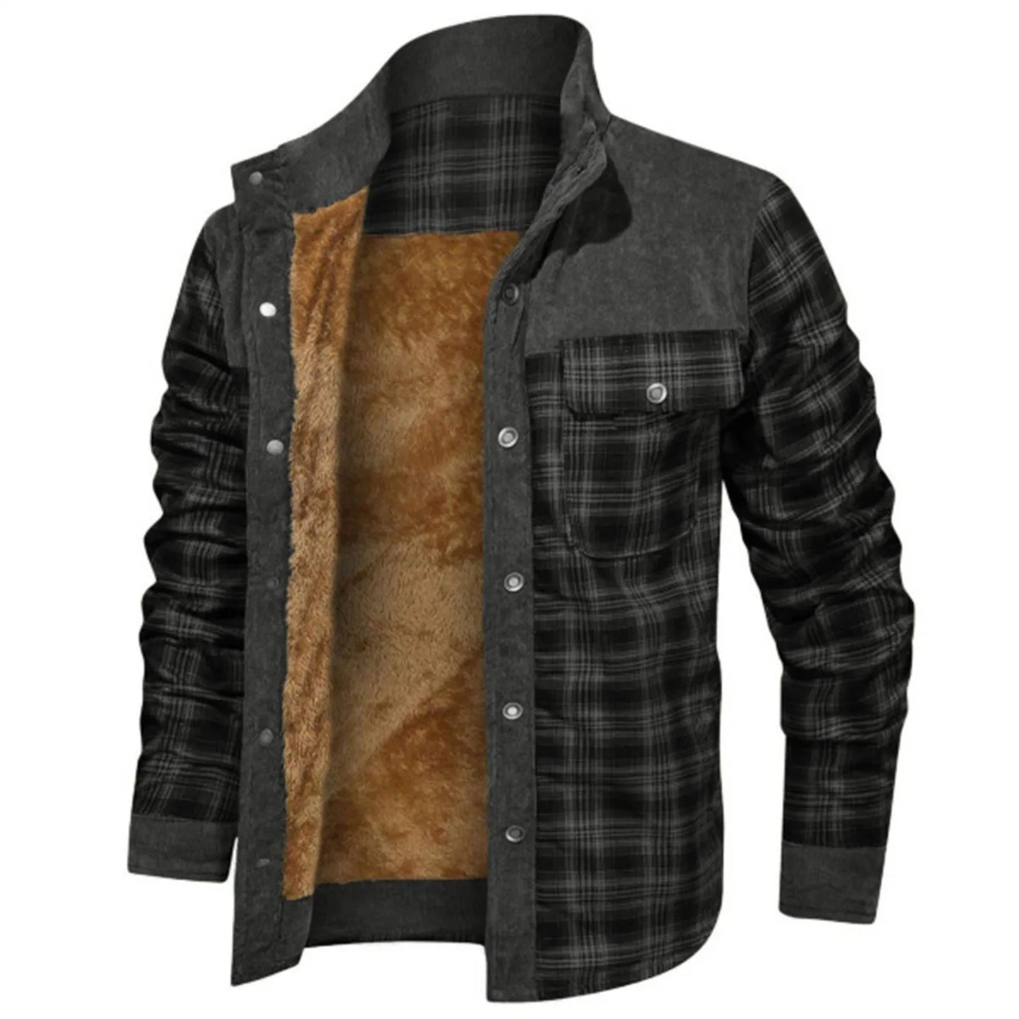 Men's Fleece-Lined Plaid Shirt Jacket with Utility Streetwear Styling