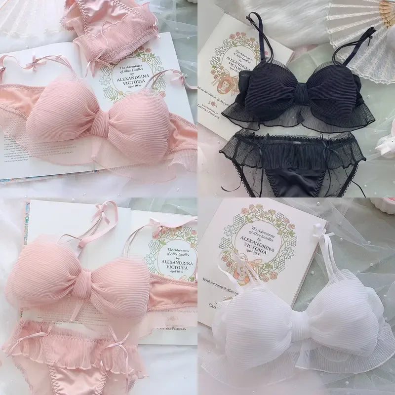 Ruffled Tulle Statement Bow Wire-Free Bralette and Matching Frilled Low-Rise Panty Set