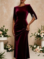 Burgundy Velvet-Finish Midi Pencil Dress with Split Petal Sleeves