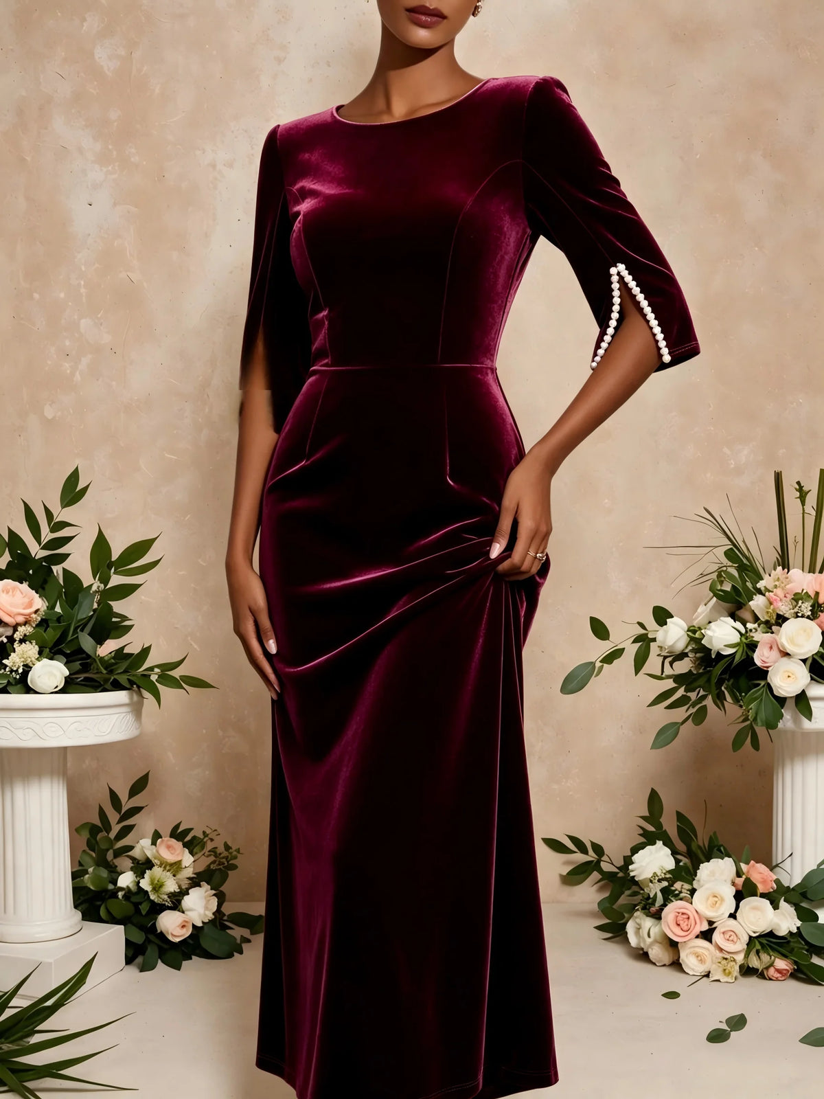 Burgundy Velvet-Finish Midi Pencil Dress with Split Petal Sleeves