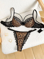 Strappy Leopard Print Underwire Lingerie Set with Black Scalloped Lace