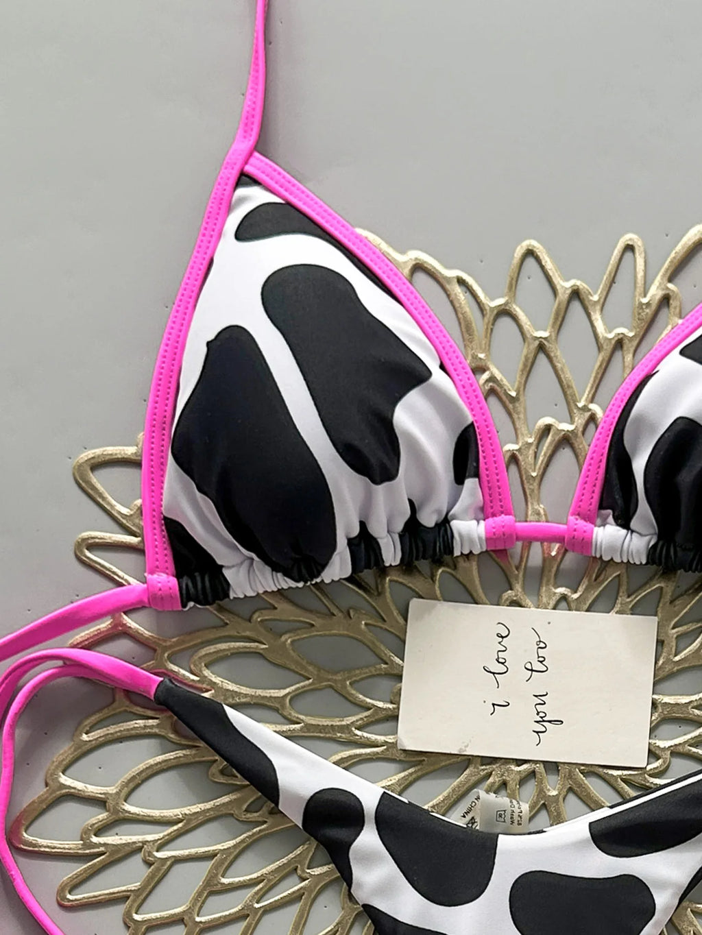 Bold Cow Print Triangle String Bikini with Neon Pink Binding