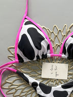 Bold Cow Print Triangle String Bikini with Neon Pink Binding