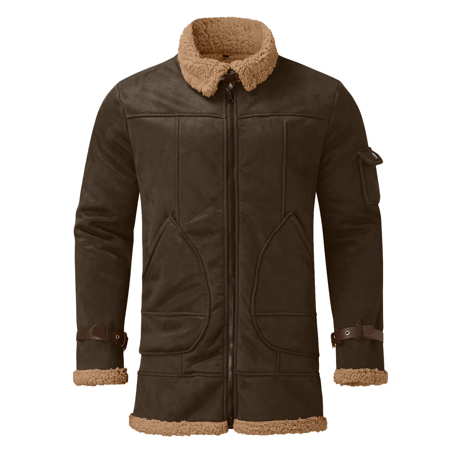 Men's Faux Suede Sherpa Lined Zip Jacket with Turn Down Collar for Rugged Casual Style