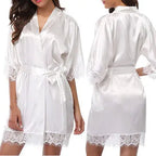 Vibrant Red Satin-Finish Lounging Robe with Delicate Scalloped Lace Trim