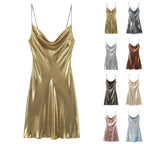 Metallic Finish Spaghetti Strap Mini Dress with Draped Cowl Neckline