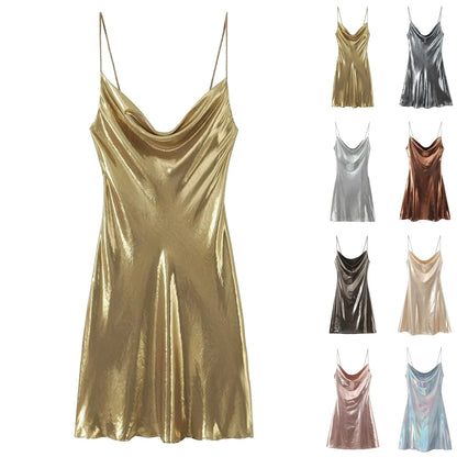 Metallic Finish Spaghetti Strap Mini Dress with Draped Cowl Neckline