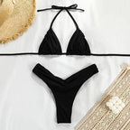 Solid Black Ruched Triangle String Bikini with Gathered Detailing