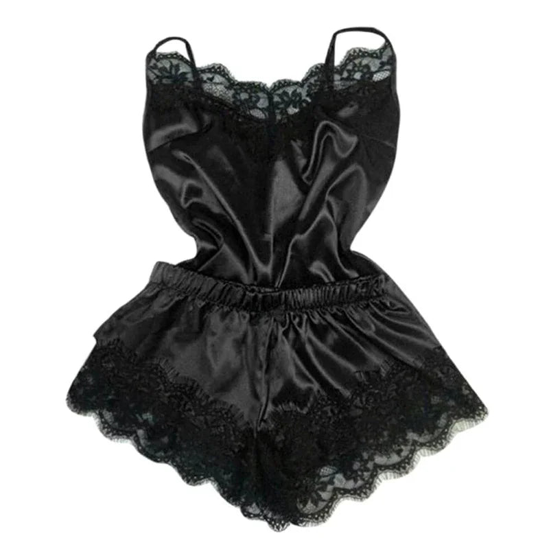 Satin Cami Pajama Set with Black Lace Trim, Delicate Spaghetti Straps and Coordinating Shorts